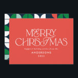 明るい赤カラフルのクリスマスの幾何学的スクリプト シーズンカード<br><div class="desc">明るいカラフルおもしろいメリークリスマス幾何学的タイポグラフィスクリプト休日デザイン。赤、緑、ネイビーブルー、ピンクのカラーウェイ。</div>