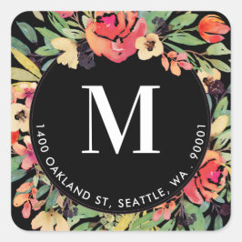 明るい赤カラフルフローラ円形差出人住所 スクエアシール