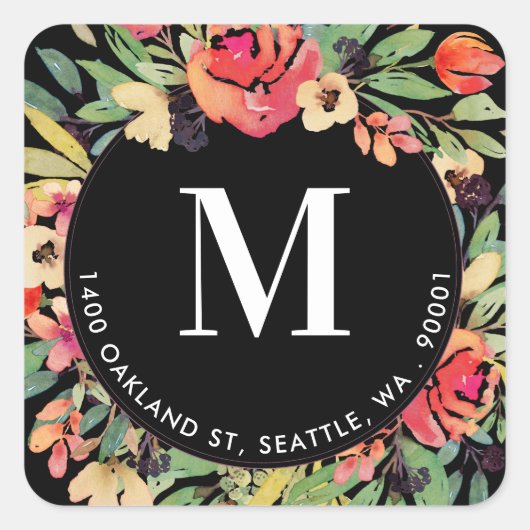 明るい赤カラフルフローラ円形差出人住所 スクエアシール (正面)