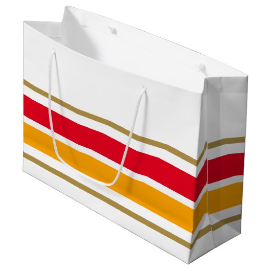 明るい赤ゴールデンイエローレーシングストライプズオンホワイト ラージペーパーバッグ (正面アングル)
