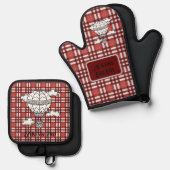 明るい赤タータンチェックオーブンミットとポットホルダー 鍋つかみ&鍋敷きセット (正面/裏面)