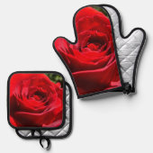 明るい赤バラ花美しいフローラ 鍋つかみ&鍋敷きセット (正面/裏面)