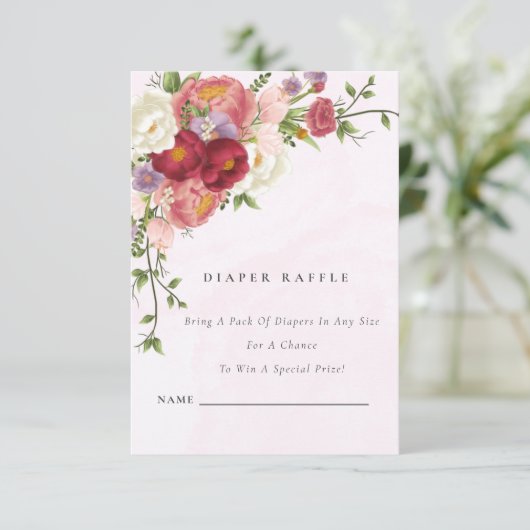 明るい赤ピンクの白い花おむつラッフルベビー エンクロージャーカード (スタンド正面)