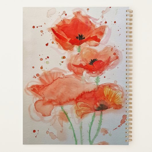 明るい赤ポピーの水の色の花のフローラノート プランナー手帳 (裏面)