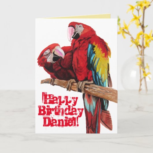 明るい赤マカオパロツウォーター色誕生日カード カード (黄色い花)