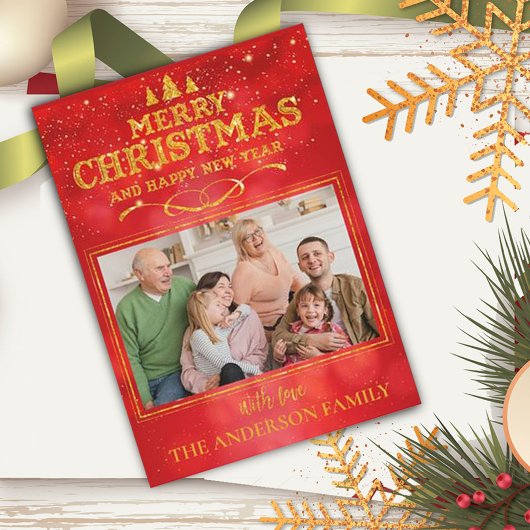 明るい赤メリークリスマスハッピーニューイヤー写真 シーズンカード