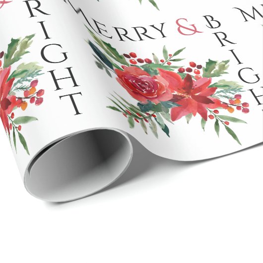 明るい赤メリーポインセチアフローラクリスマス ラッピングペーパー (ロールコーナー)