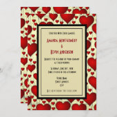 明るい赤ロマンチックハートパター結婚ン 招待状 (正面/裏面)
