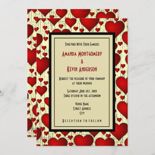 明るい赤ロマンチックハートパター結婚ン 招待状 (正面/裏面)