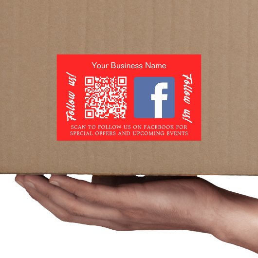 明るい赤白のビジネス名QRコードFacebook 長方形シール