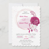 明るい赤紫色および白フローラリース結婚ズ 招待状 (正面)
