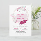 明るい赤紫色および白フローラリース結婚ズ 招待状 (スタンド正面)