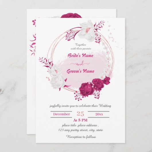 明るい赤紫色および白フローラリース結婚ズ 招待状 (正面/裏面)