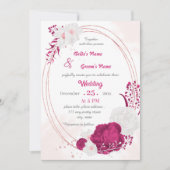 明るい赤紫色および白フローラリース結婚ズ 招待状 (正面)