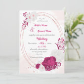 明るい赤紫色および白フローラリース結婚ズ 招待状 (スタンド正面)