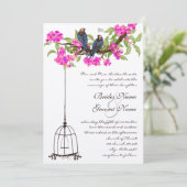 明るい赤紫色さくらんぼブロッサムラブバーズバードケ結婚ージ 招待状 (スタンド正面)