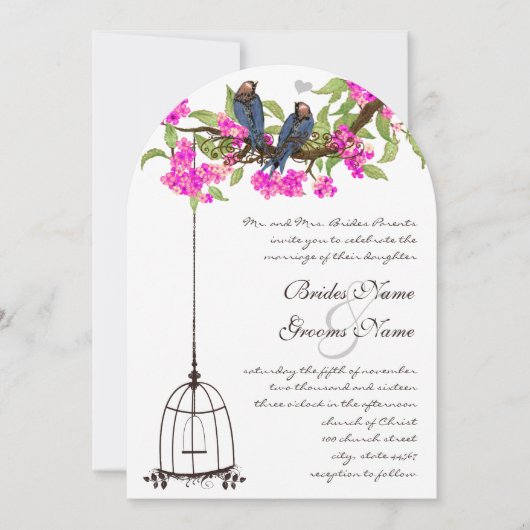 明るい赤紫色さくらんぼブロッサムラブバーズバードケ結婚ージ 招待状 (正面)