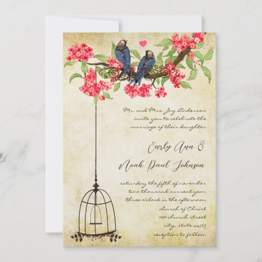 明るい赤紫色さくらんぼブロッサムラブバーズバードケ結婚ージ 招待状 (正面)