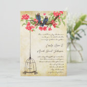 明るい赤紫色さくらんぼブロッサムラブバーズバードケ結婚ージ 招待状 (スタンド正面)