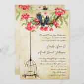 明るい赤紫色さくらんぼブロッサムラブバーズバードケ結婚ージ 招待状 (正面/裏面)