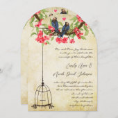 明るい赤紫色さくらんぼブロッサムラブバーズバードケ結婚ージ 招待状 (正面/裏面)