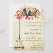 明るい赤紫色さくらんぼブロッサムラブバーズバードケ結婚ージ 招待状 (正面)