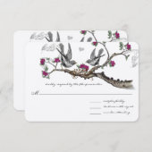 明るい赤紫色とグレーのヴィンテージ鳥結婚式招待状 出欠カード (正面/裏面)