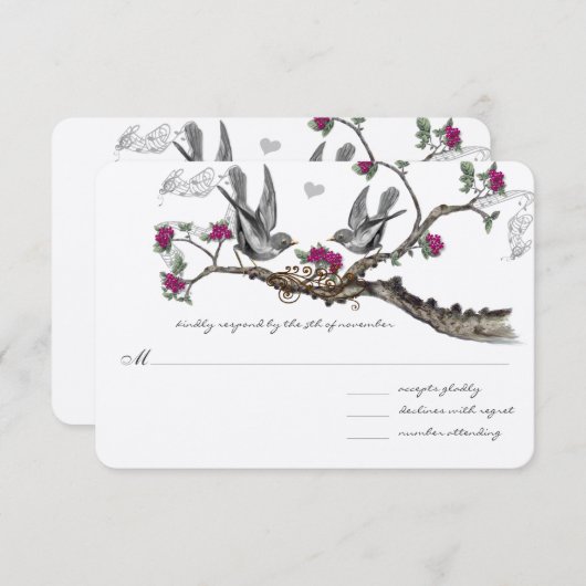 明るい赤紫色とグレーのヴィンテージ鳥結婚式招待状 出欠カード (正面/裏面)