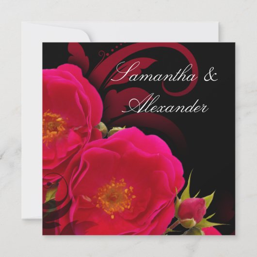 明るい赤紫色とスワールスクエア付きブラックガーデンバラ 招待状 (裏面)