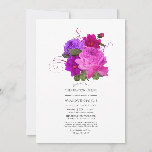 明るい赤紫色とパープルシャビーの生活お祝い 招待状 (正面)