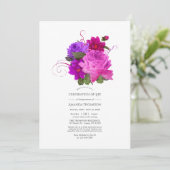 明るい赤紫色とパープルシャビーの生活お祝い 招待状 (スタンド正面)