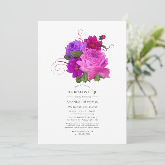 明るい赤紫色とパープルシャビーの生活お祝い 招待状 (スタンド正面)