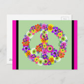 明るい赤紫色とブラックのPeace Signフローラ縁ど ポストカード (正面/裏面)