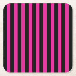 明るい赤紫色とブラックキャンディストライプー スクエアペーパーコースター