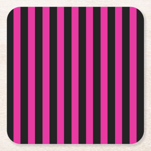 明るい赤紫色とブラックキャンディストライプー スクエアペーパーコースター (正面)