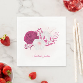 明るい赤紫色とホワイトフローラ結婚のナプキン スタンダードランチョンナプキン