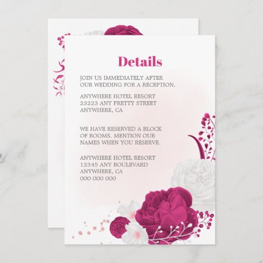 明るい赤紫色とホワイトフローラ結婚の詳細 エンクロージャーカード (正面/裏面)