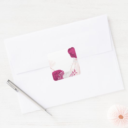 明るい赤紫色とホワイトフローラ結婚ズ スクエアシール (封筒)