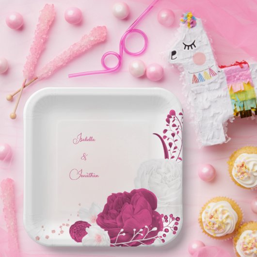 明るい赤紫色とホワイトフローラ結婚ズ ペーパープレート (パーティー)