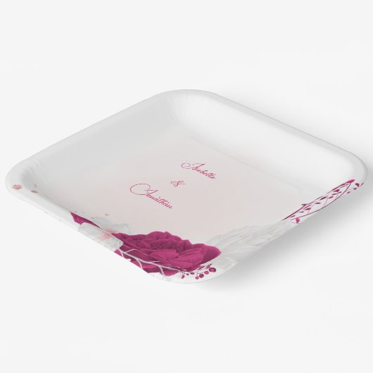 明るい赤紫色とホワイトフローラ結婚ズ ペーパープレート (傾斜あり)