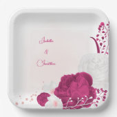 明るい赤紫色とホワイトフローラ結婚ズ ペーパープレート (正面)