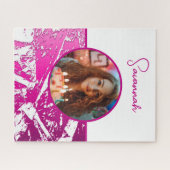 明るい赤紫色と白いカスタム写真（名前あり） ジグソーパズル (横)