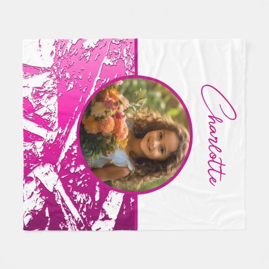 明るい赤紫色と白いカスタム写真（名前あり） フリースブランケット (正面(横))