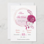 明るい赤紫色と白の花リース日付を保存 招待状 (正面)