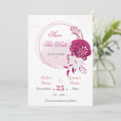 明るい赤紫色と白の花リース日付を保存 招待状 (スタンド正面)