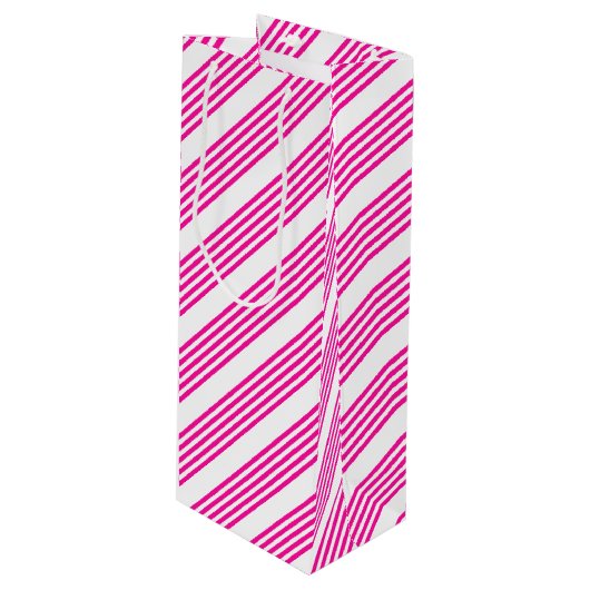 明るい赤紫色と白ストライプ五パターン ワインギフトバッグ (正面アングル)