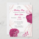 明るい赤紫色と白フローラ幾何学誕生日パーティー 招待状 (正面)
