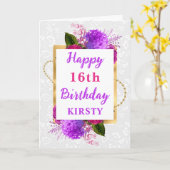 明るい赤紫色と紫のシャビーの花16誕生日 カード (黄色い花)