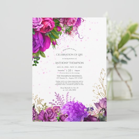 明るい赤紫色と紫のフローラお祝いのライフインビ 招待状 (スタンド正面)
