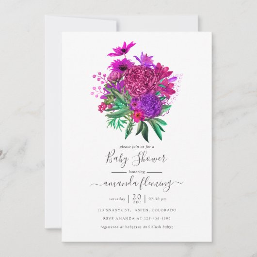 明るい赤紫色と紫みすぼらしいフローラの赤ちゃんシャワー 招待状 (正面)
